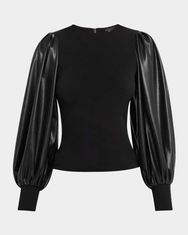 Latoria Crewneck Top with Vegan Leather Sleeves